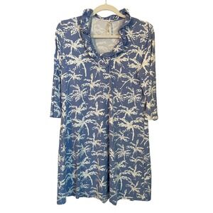 Lulu-B Women's Size M Blue White Palm Tree Print Ruffled Neck Dress UPF 50+